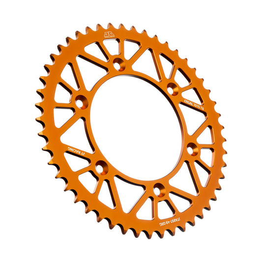 JT RaceLite 49-tooth aluminum rear sprocket for Husqvarna and KTM motorcycles, showcasing the lightweight, durable sprocket design.