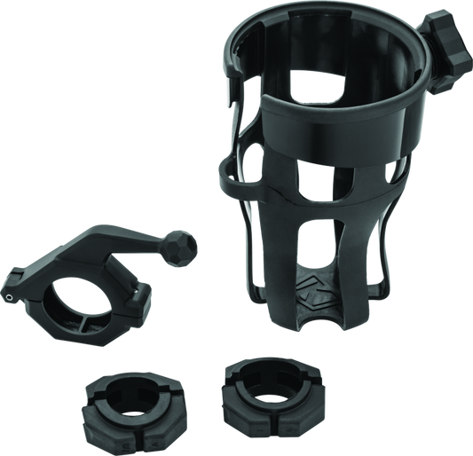 Kuryakyn Reflex Drink Holder with bar mount for motorcycles and powersports vehicles, black, showing the universal mount and drink holder.