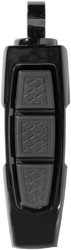 Kuryakyn Enygma motorcycle pegs with adapter in gloss black, designed for custom motorcycle footrest installation.