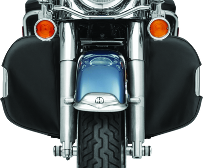 Kuryakyn Engine Guard Chaps for Harley Davidson 2008-2009, model 5266, showing black leather protective covers on engine guard.
