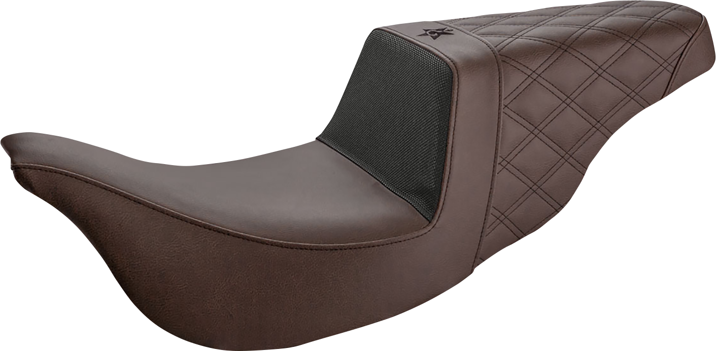 SADDLEMEN Unknown Industries motorcycle seat in brown with carbon fiber, gripper surface and rear lattice stitching for FL models 2008-2023