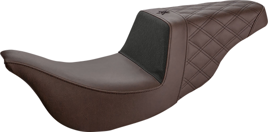 SADDLEMEN Unknown Industries motorcycle seat in brown with carbon fiber, gripper surface and rear lattice stitching for FL models 2008-2023