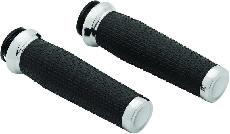 Chrome Kuryakyn Thresher grips for 2018-2019 Indian motorcycle models featuring ergonomic design and textured surface.