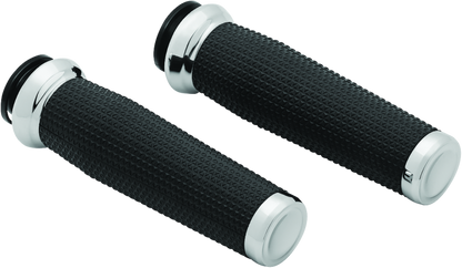 Chrome Kuryakyn Thresher grips for 2018-2019 Indian motorcycle models featuring ergonomic design and textured surface.