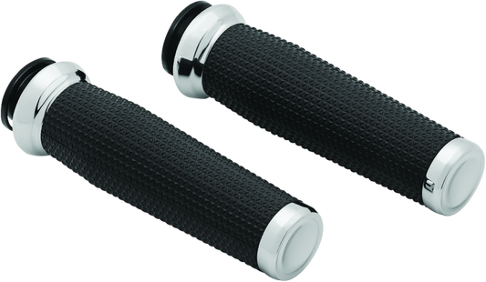 Chrome Kuryakyn Thresher grips for 2018-2019 Indian motorcycle models featuring ergonomic design and textured surface.