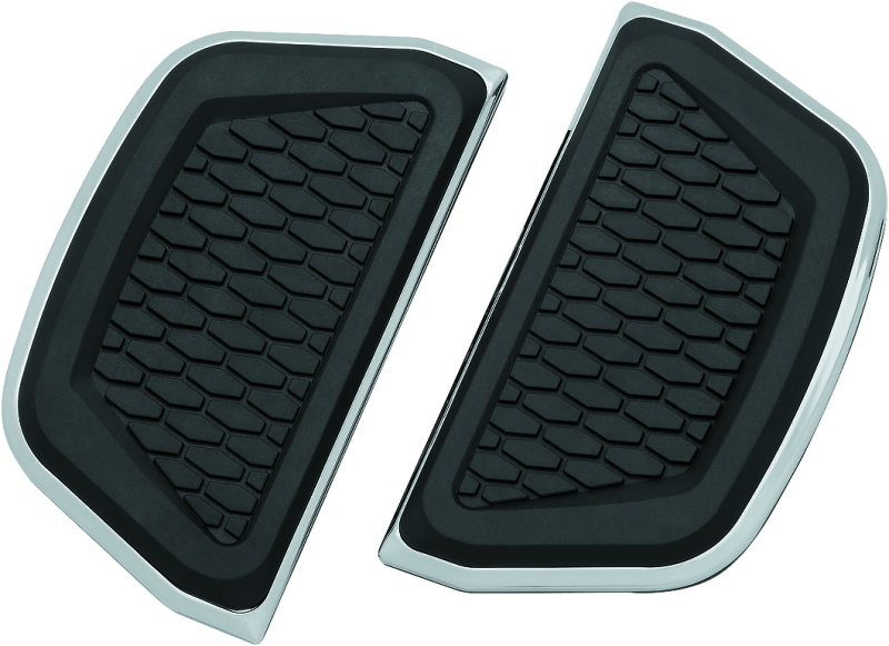 Kuryakyn Chrome Hex Passenger Board Inserts for Harley Davidson 2008-2009 motorcycles, part #5902, shown installed on passenger footboards.