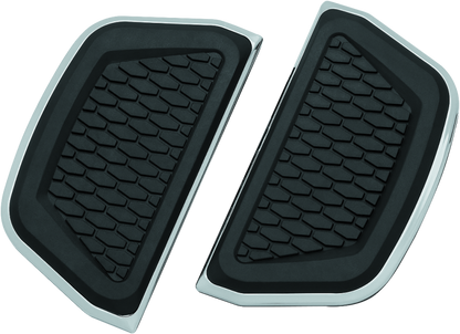 Kuryakyn Chrome Hex Passenger Board Inserts for Harley Davidson 2008-2009 motorcycles, part #5902, shown installed on passenger footboards.