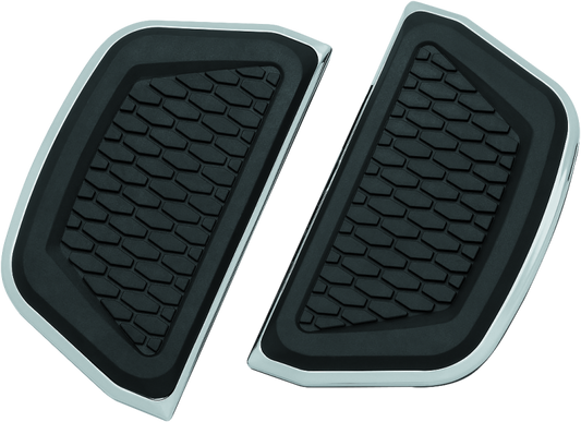 Kuryakyn Chrome Hex Passenger Board Inserts for Harley Davidson 2008-2009 motorcycles, part #5902, shown installed on passenger footboards.