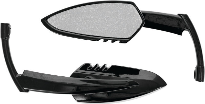 Black Kuryakyn Scythe mirrors for powersports vehicles, featuring sleek design and mounting brackets for motorcycle or ATV use.