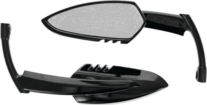 Black Kuryakyn Scythe mirrors for powersports vehicles, featuring sleek design and mounting brackets for motorcycle or ATV use.