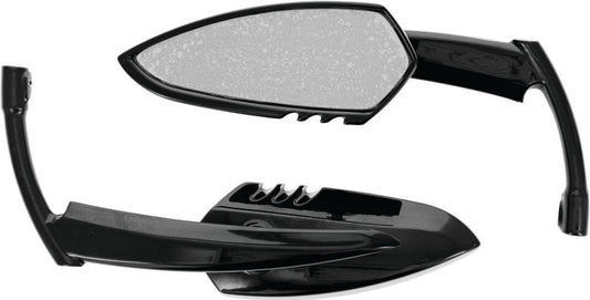 Black Kuryakyn Scythe mirrors for powersports vehicles, featuring sleek design and mounting brackets for motorcycle or ATV use.