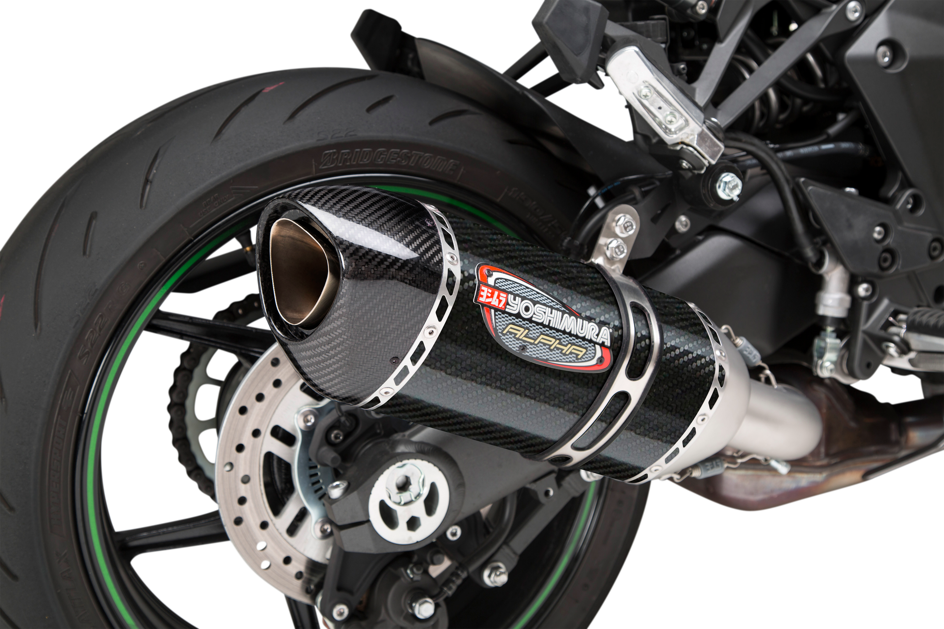 YOSHIMURA RS-12 ADV Street Alpha slip-on exhaust for Kawasaki with matte carbon fiber end cap, showcasing sleek design and branding