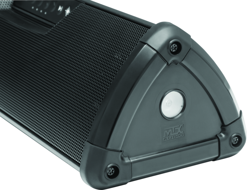 Kuryakyn 14-inch WanderBar portable soundbar by MTX mounted on a motorcycle handlebar for powersports audio.