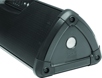 Kuryakyn 14-inch WanderBar portable soundbar by MTX mounted on a motorcycle handlebar for powersports audio.