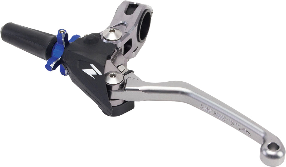 ZETA Pivot Perch Cp 4 Finger Titanium clutch lever with blue adjustment dial for motorcycle handlebars.