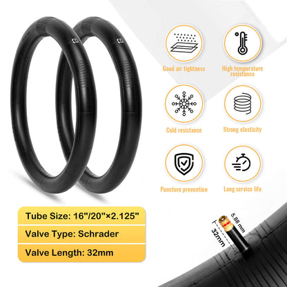Pair of beige and white Bowlite bicycle tires by Hycline, 16-inch and 20-inch sizes, mounted on a wall display.