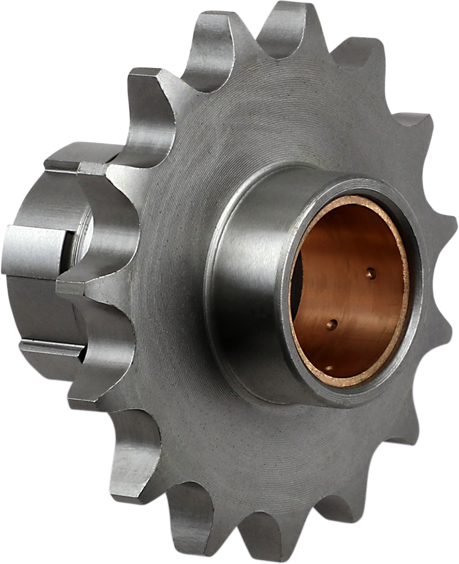 Parts Unlimited 15-tooth countershaft sprocket for Honda motorcycles, showing the metal gear with teeth and mounting hole.
