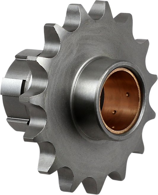 Parts Unlimited 15-tooth countershaft sprocket for Honda motorcycles, showing the metal gear with teeth and mounting hole.