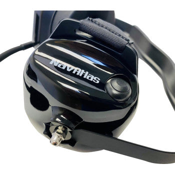 Bill's Exhausts NAVATLAS behind-the-head stereo and VOX headset in black, featuring adjustable headband and communication microphone.