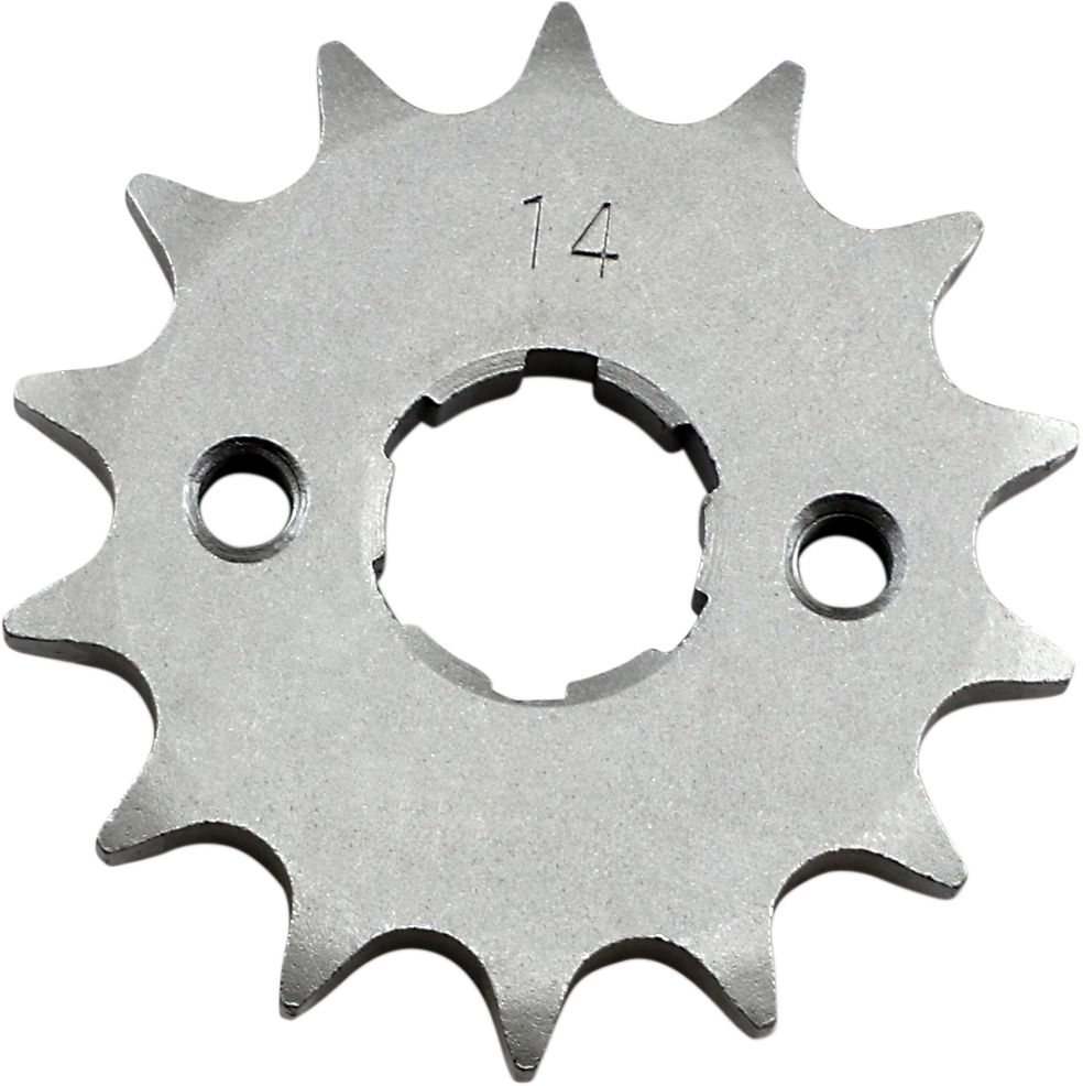 Parts Unlimited Honda 23801-107-76014 14-tooth countershaft sprocket, metallic with teeth, for motorcycle drivetrain.