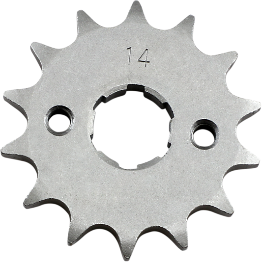Parts Unlimited Honda 23801-107-76014 14-tooth countershaft sprocket, metallic with teeth, for motorcycle drivetrain.