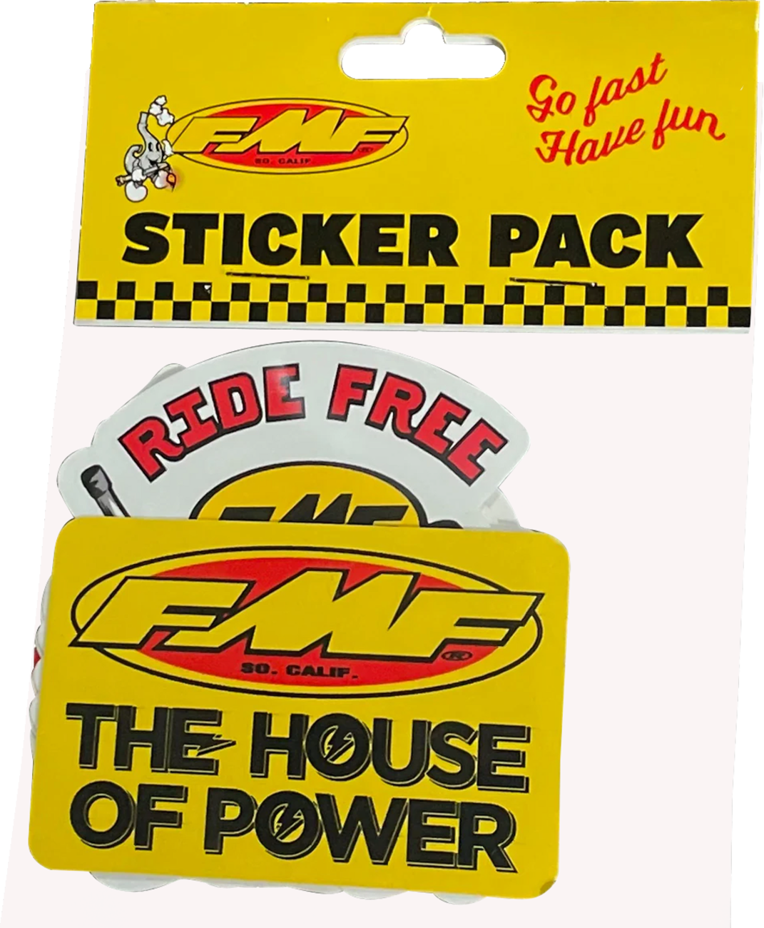 FMF decal sticker pack featuring "Go Fast Have Fun" designs, perfect for motorcycle or dirt bike enthusiasts.