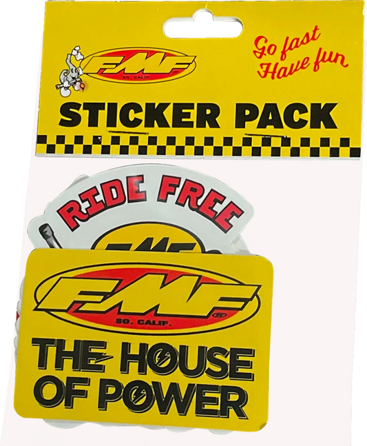 FMF decal sticker pack featuring "Go Fast Have Fun" designs, perfect for motorcycle or dirt bike enthusiasts.