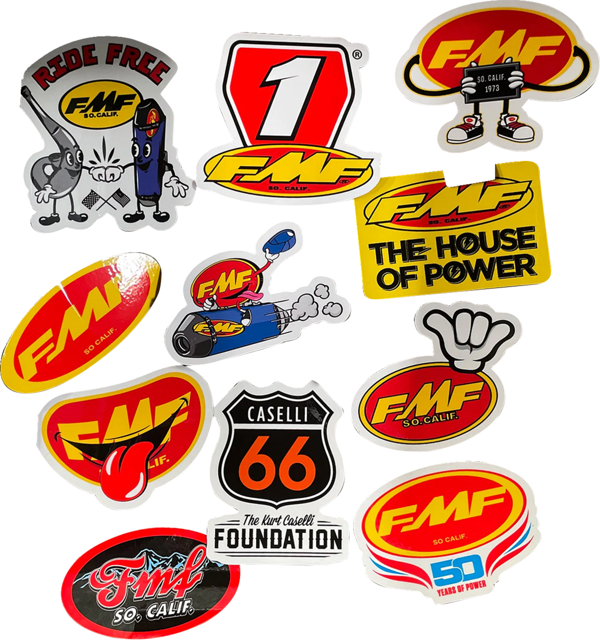 FMF decal sticker pack featuring "Go Fast Have Fun" design, suitable for motorcycles and gear, with vibrant colorful graphics.