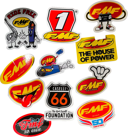 FMF decal sticker pack featuring "Go Fast Have Fun" design, suitable for motorcycles and gear, with vibrant colorful graphics.