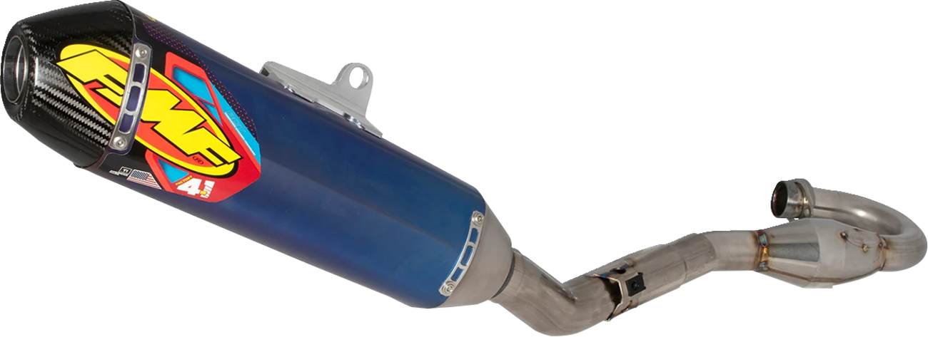FMF Factory 4.1 RCT Titanium exhaust system with carbon end cap for motorcycles, showcasing the sleek titanium finish and exhaust pipe