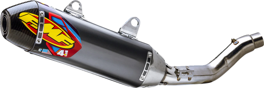 FMF Factory 4.1 RCT slip-on muffler with carbon fiber cap on stainless steel body, designed for motorcycle exhaust systems.