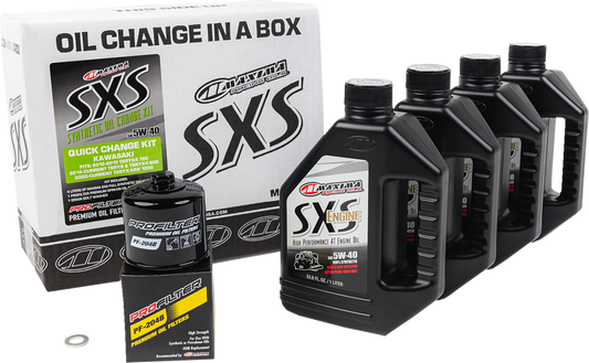 MAXIMA Racing Oil SXS synthetic oil change kit for Kawasaki Teryx, includes 5W40 oil and parts for engine maintenance