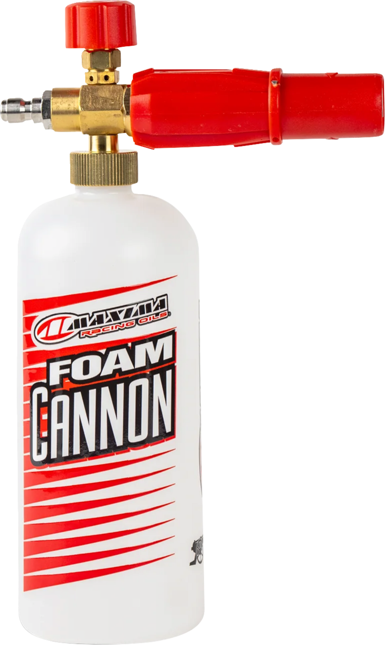 MAXIMA RACING OIL 32 oz pressure washer foam cannon attachment showing the foam spray nozzle and hose connection.