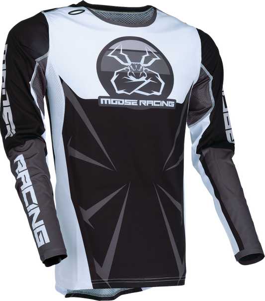 Black and white Moose Offroad Agroid Jersey in 2XL, featuring bold design and offroad branding, shown on a model.