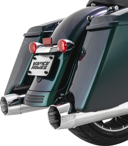 VANCE & HINES Blackbird 450 Slip-On Mufflers for Milwaukee Eight engines, black finish, sleek motorcycle exhaust system.