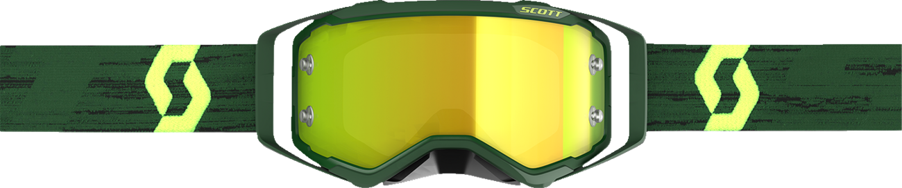 Scott Prospect motorcycle goggles with green and hi-viz yellow lenses, yellow chrome finish, designed for motorcycle riding.