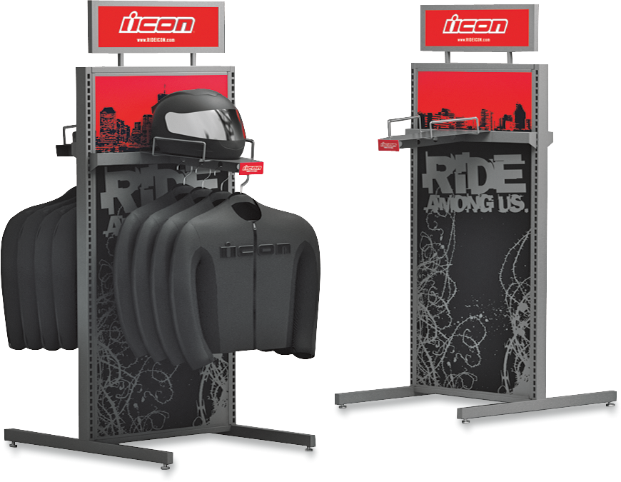 Bill's Exhausts ICON 2-Way Display Rack 1085810 showing a versatile display stand with multiple shelves for showcasing products.