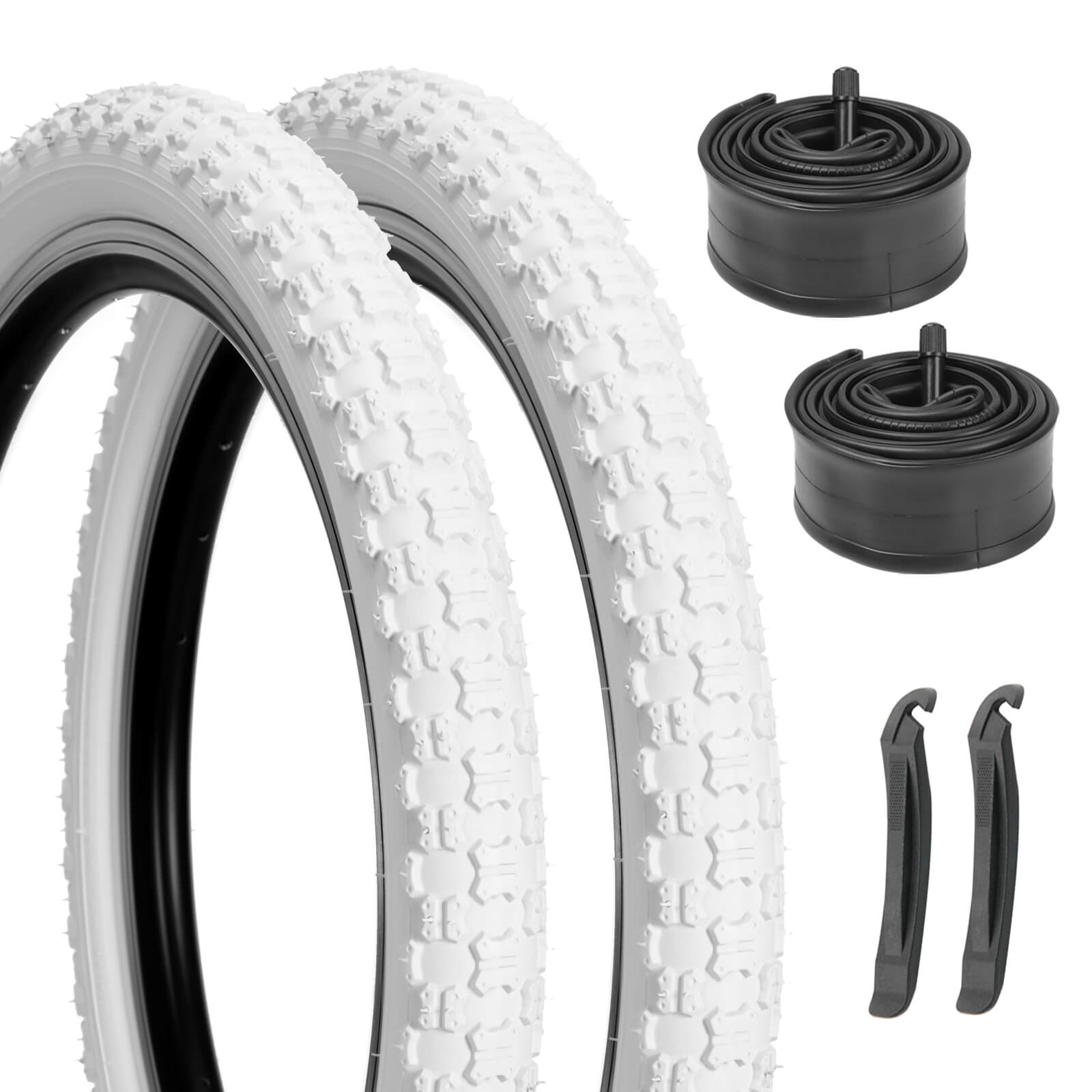 Pair of Beige and White Wall Bicycle Tires by Hycline, 16"/20"×2.125" size, with a close-up of the tires on a white background.