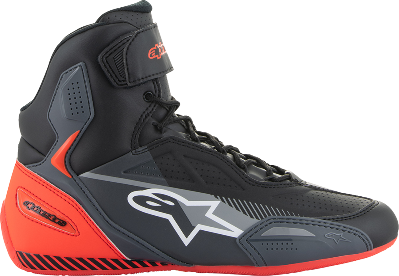 Alpinestars Faster-3 motorcycle shoes in black, gray, and red with US size 10, featuring sporty design and durable construction.