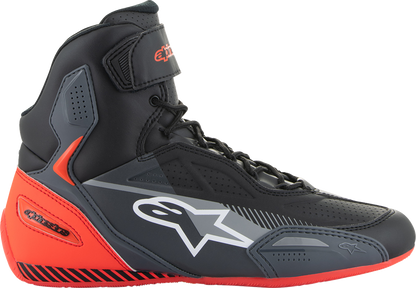 Alpinestars Faster-3 motorcycle shoes in black, gray, and red with US size 10, featuring sporty design and durable construction.