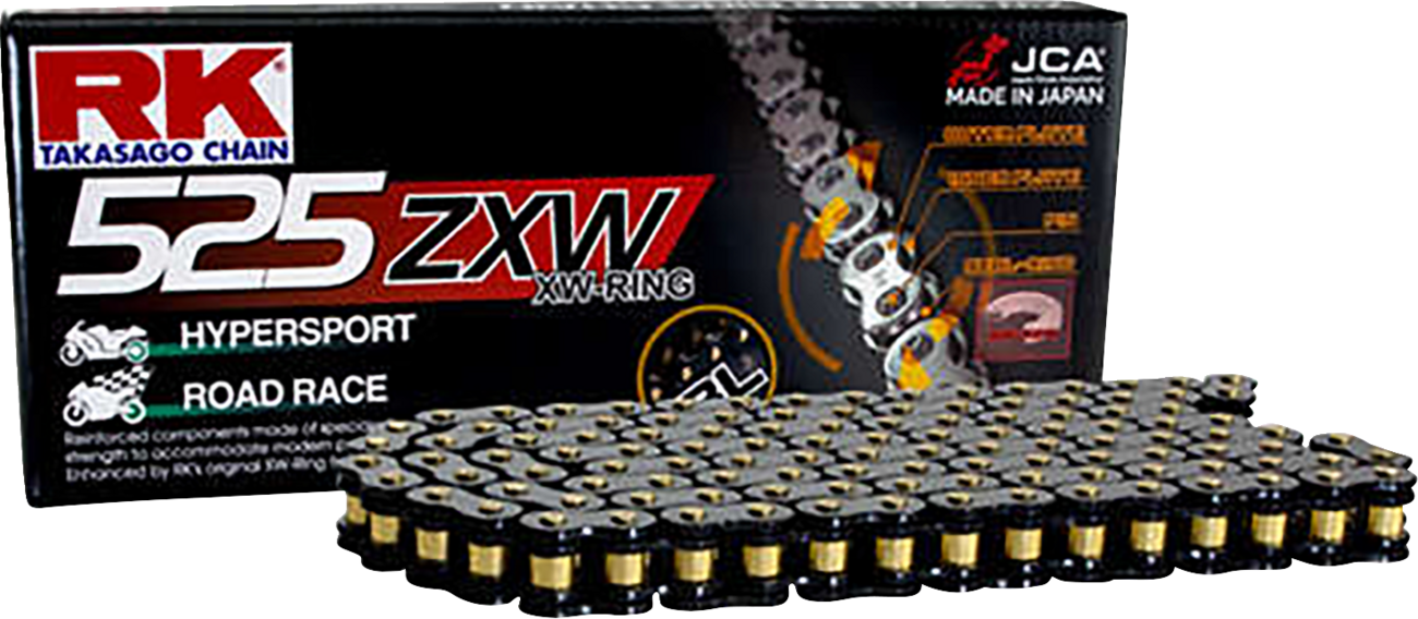RK 525 ZXW motorcycle drive chain with 120 links, designed for high-performance bikes, showing the silver chain and links.