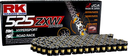 RK 525 ZXW motorcycle drive chain with 120 links, designed for high-performance bikes, showing the silver chain and links.