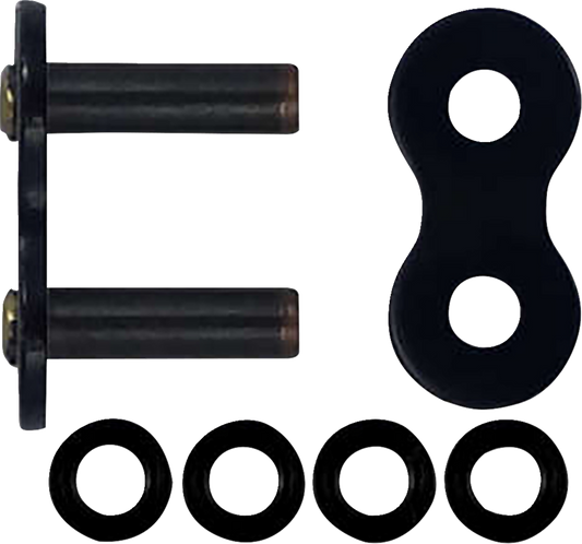 RK 525 ZXW connecting link with rivet in black scale, part number BL525ZXW-RL, showing the metal link and rivet for chain connection.