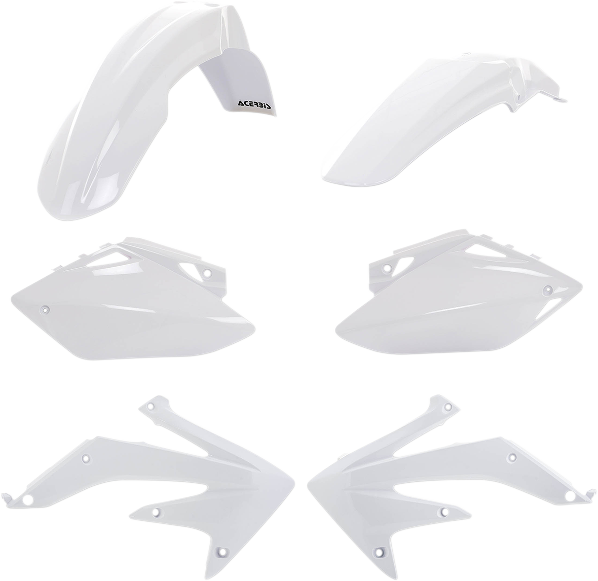 A white ACERBIS standard replacement body kit for motorcycles, designed for a seamless fit and durable performance.