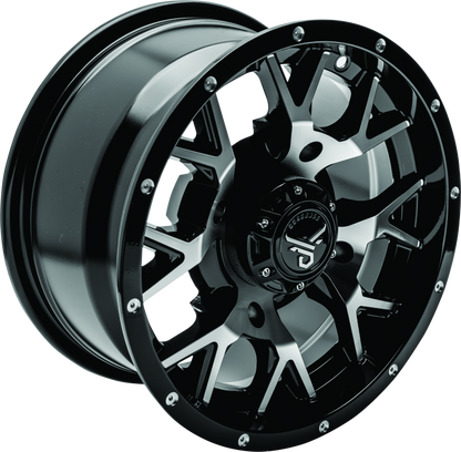 QuadBoss aluminum wheels with barbwire design, 14x7 size, rugged off-road wheels for trucks and utility vehicles.