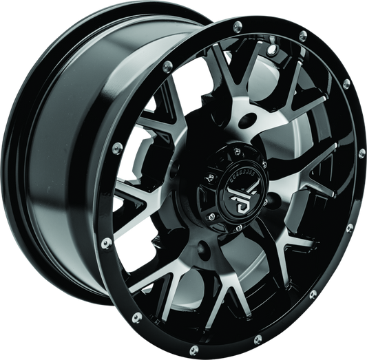 QuadBoss aluminum wheels with barbwire design, 14x7 size, rugged off-road wheels for trucks and utility vehicles.