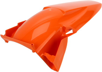 A bright orange Acerbis rear fender for motorcycles, designed as a durable body part with mounting points visible.
