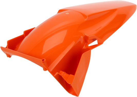 A bright orange Acerbis rear fender for motorcycles, designed as a durable body part with mounting points visible.