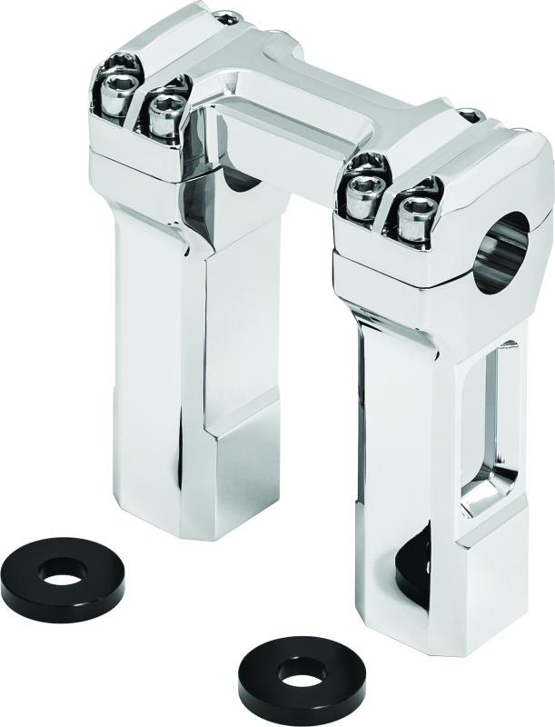 Kuryakyn 5-inch chrome billet handlebar risers on a motorcycle, providing increased comfort and a sleek, stylish look.