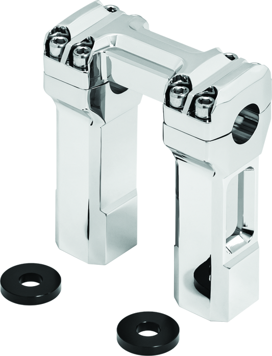 Kuryakyn 5-inch chrome billet handlebar risers on a motorcycle, providing increased comfort and a sleek, stylish look.